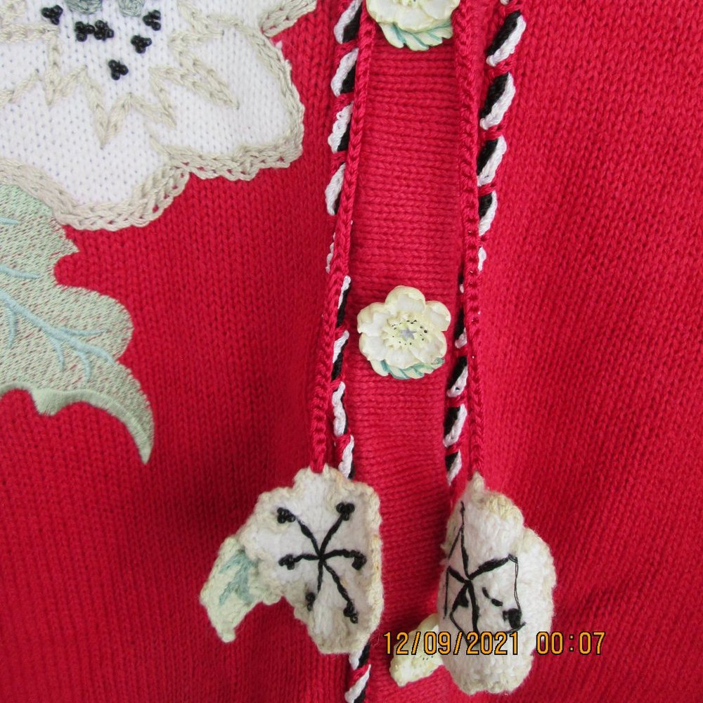 Storybook Knits Red Floral Gardenia Embellished Cardigan Size S Small NWOT - Picture 5 of 6